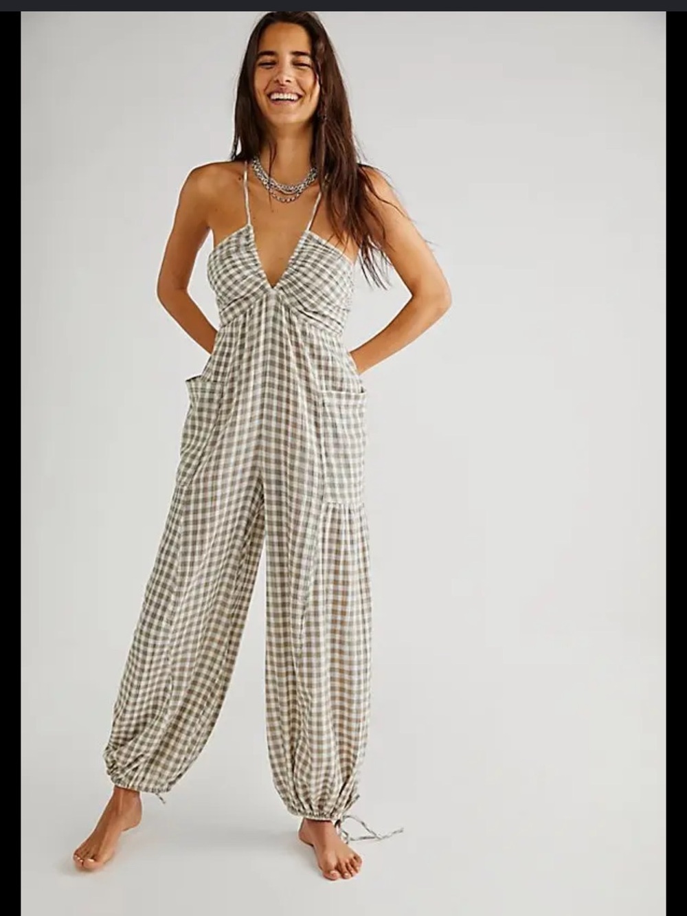 Free People Sundaze For Surfing Jumpsuit Vintage Khaki Gingham Plaid - Picture 8 of 8
